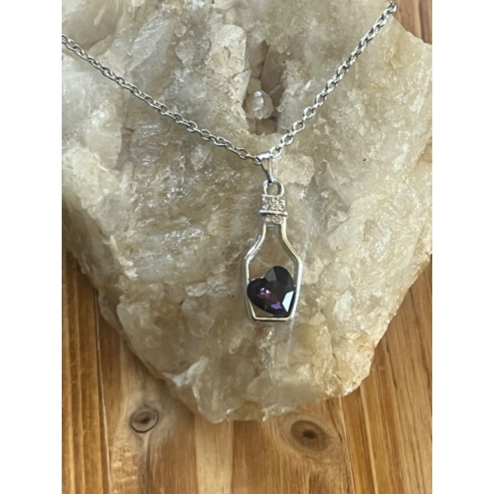 Amethyst Purple Crystal Gemstone Heart In Sterling Silver Bottle Necklace -New - Picture 3 of 13